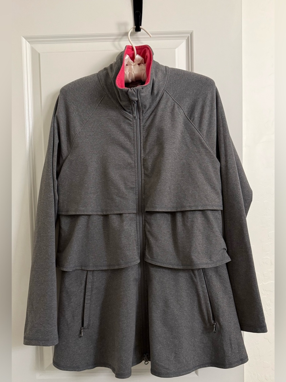 Athleta tiered ruffle long length full zip jacket zip pockets
